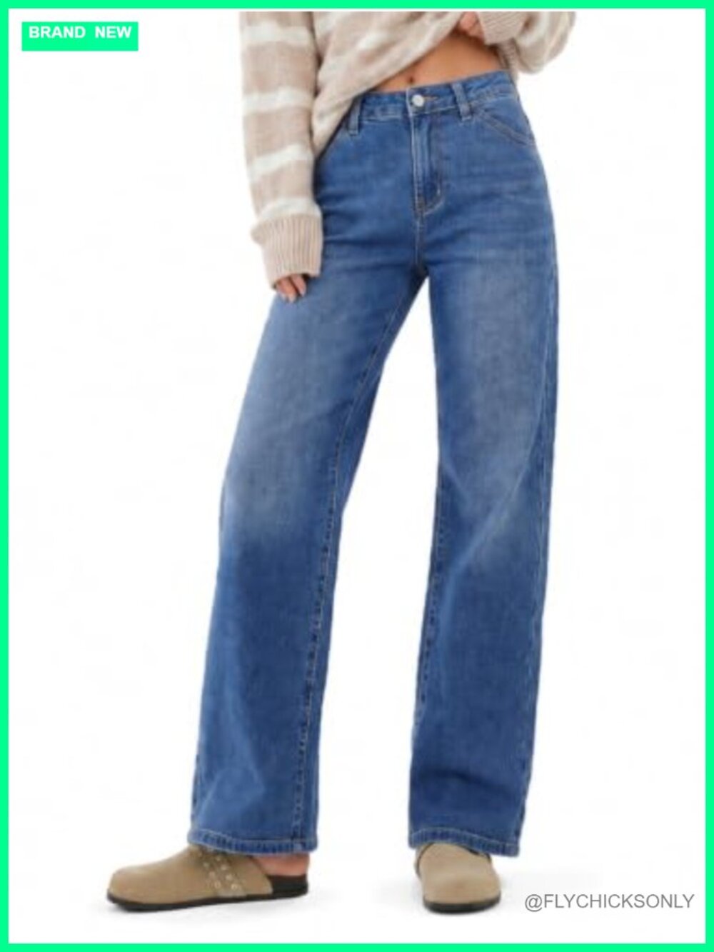 High Waisted Stretch Straight Leg Jeans Midweight Denim Five Pocket Full Length